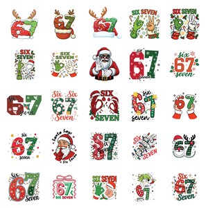 May include: A collection of Christmas-themed graphic designs featuring the numbers "67" and the words "Six Seven." The designs incorporate festive elements like Santa Claus, reindeer antlers, and holiday lights, with a mix of red, green, and white colors.