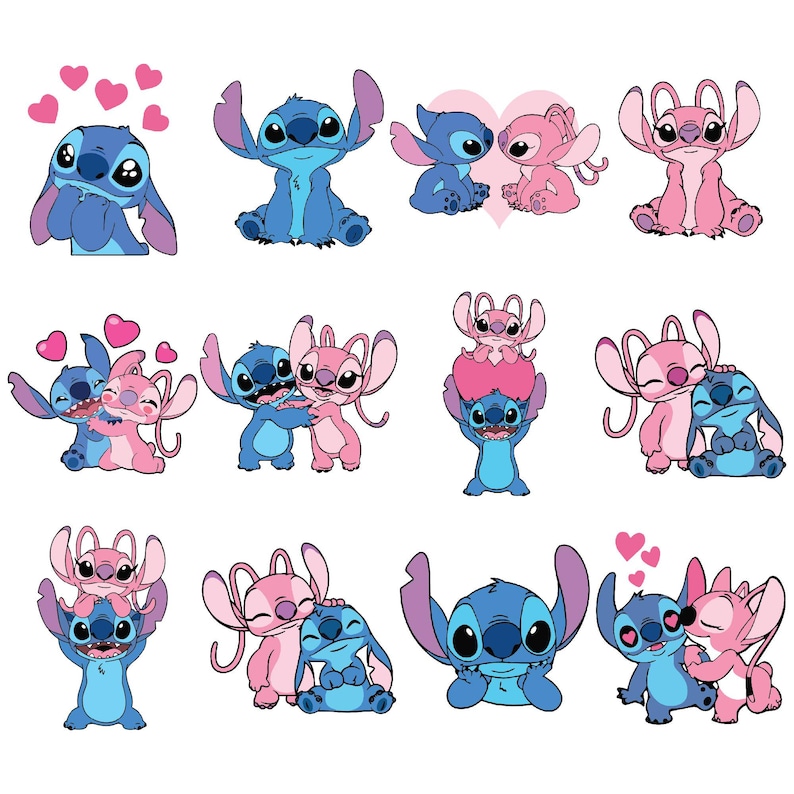 May include: A collection of cartoon illustrations featuring the characters Stitch and Angel. The images depict Stitch in various poses, often with Angel, and include pink hearts. The color palette is primarily blue and pink.