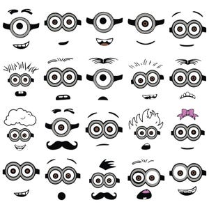 May include: A collection of cartoon-style faces with various expressions. Each face features a pair of round, brown-eyed goggles, with different eyebrows, mouths, and hair styles. The faces are in black, white, and gray.