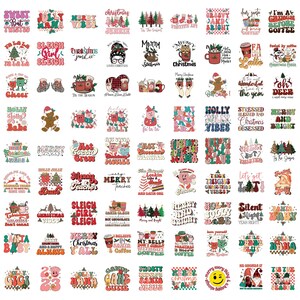 May include: A selection of Christmas-themed digital stickers with diverse designs and text. The stickers showcase festive phrases, holiday characters, and retro-style fonts in various colours, ideal for crafting and seasonal projects.