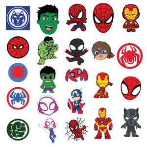 Könnte beinhalten: Eine Sammlung farbenfroher Cartoon-Illustrationen mit verschiedenen Superhelden. Das Bild zeigt Charaktere wie Spider-Man, Hulk, Iron Man und Captain America sowie zugehörige Logos und Embleme. Die Designs sind lebendig und für Kinderprodukte geeignet.