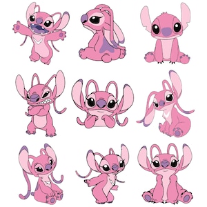 May include: Nine pink cartoon character illustrations with large ears and expressive faces. The character is depicted in various poses, including sitting, standing, and with arms outstretched. The character's design features a light pink body with darker pink and purple accents.