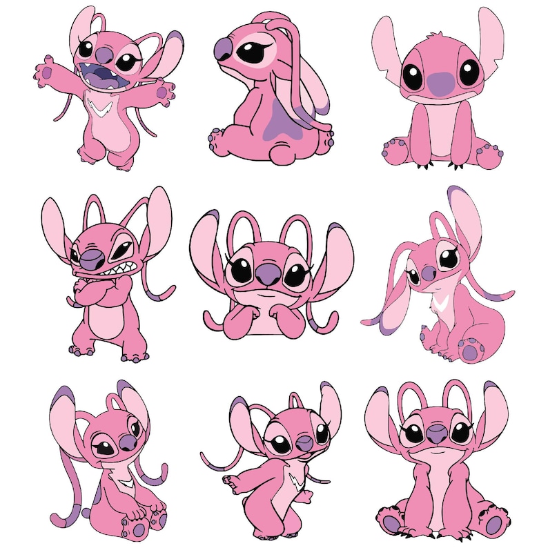May include: Nine pink cartoon character illustrations with large ears and expressive faces. The character is depicted in various poses, including sitting, standing, and with arms outstretched. The character's design features a light pink body with darker pink and purple accents.