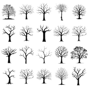 May include: A collection of 18 black silhouette tree illustrations. The trees vary in shape and size, with bare branches and detailed trunks. The trees are arranged on a white background, suitable for design projects or nature-themed crafts.