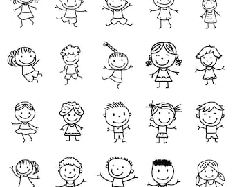 Puede incluir: Ilustración en blanco y negro que presenta una colección de niños de figuras de palo en varias poses. Las figuras tienen expresiones faciales simples y se representan con los brazos extendidos, vistiendo vestidos, pantalones cortos y camisas. El tema general es juguetón e infantil.
