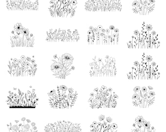 Paquete SVG de flores silvestres, Prado de flores SVG, Borde de flores SVG, Ramo de flores minimalista, Clipart de flores silvestres, Descarga instantánea, Silueta