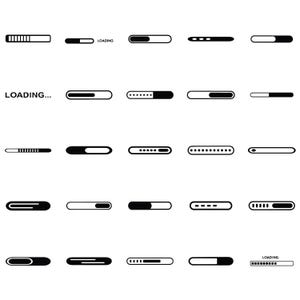 May include: A collection of black and white loading bar icons in various stages of completion. Some bars are solid, others are dotted or segmented, and the word "LOADING" appears in two variations.