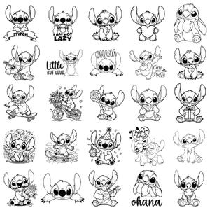 May include: A selection of black and white illustrations featuring the Disney character Stitch. The images depict Stitch in various poses, some with text such as "Stitch", "I am not lazy", "Ohana", "Little but loud", and "Cute and Fluffy".