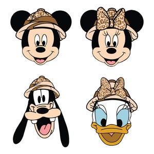 May include: Four cartoon character faces: Mickey Mouse, Minnie Mouse, Goofy, and Daisy Duck. Mickey and Goofy wear safari hats. Minnie and Daisy wear leopard print bows. All have smiling expressions.