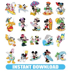 Può includere: Una collezione di illustrazioni di cartoni animati colorati con Topolino, Minnie, Paperino, Paperina e Pluto in varie attività sulla spiaggia e in acqua. I personaggi fanno surf, prendono il sole e nuotano. La frase "INSTANT DOWNLOAD" è in basso.