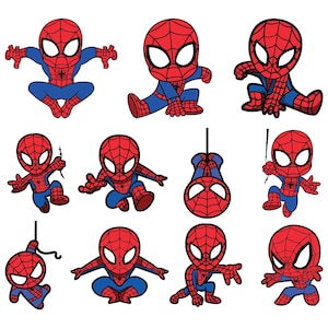 Puede incluir: Una colección de ilustraciones de dibujos animados de Spider-Man en varias poses. Cada figura está representada con el clásico disfraz rojo y azul con un patrón de telaraña, ojos blancos y un emblema de araña en el pecho. Las imágenes están sobre un fondo blanco.