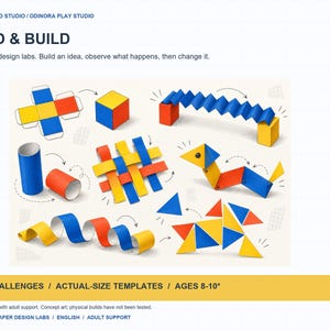 Desafíos de manualidades con papel imprimibles de Fold and Build Studio, 6 laboratorios de diseño creativo para niños, plantillas de actividades STEM, edades de 8 a 10 años.