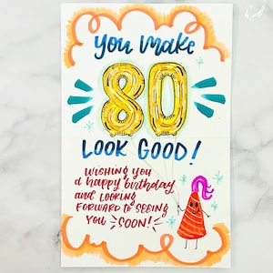 Tarjeta de cumpleaños número 80 escrita a mano con tu mensaje personalizado