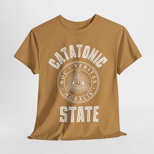 May include: A brown t-shirt with a white graphic design. The graphic features a triangle with an eye inside and the text "CATATONIC STATE" with the words "VERITAS", "NOC", and "MORALIS" surrounding the triangle.
