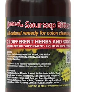 May include: A brown bottle of Amenanzel Soursop Bitters. The label reads "All-natural remedy for colon cleansing" and lists 21 herbs and roots. The bottle is a herbal dietary supplement.