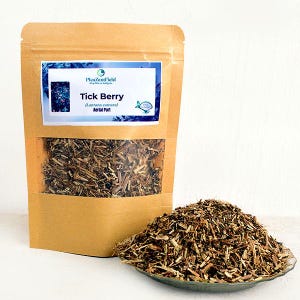 Peut inclure: Un sac en papier brun avec une fenêtre transparente montrant des herbes séchées étiquetées "Tick Berry (Lantana camara) Aerial Part". Un petit tas des mêmes herbes est posé sur une petite assiette à côté du sac. Le sac a une étiquette bleue et blanche.