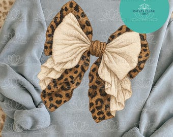 Leopard Print Ruffled Bow PNG, Coquette Sublimation Design, Trendy Leopard T-Shirt Design PNG, Faux Embroidery Stitch Bow, Digital Download