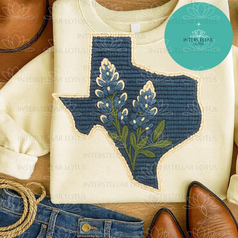 May include: Cream-colored sweatshirt featuring a navy blue Texas outline with embroidered bluebonnets. The design is outlined in a beige color. The image also includes a cowboy hat, jeans, boots, and rope.
