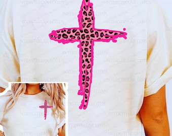 Hot Pink Leopard Cross PNG, Trendy Christian Shirt Design, Boutique Faith Sublimation, Bold Religious Apparel Clipart