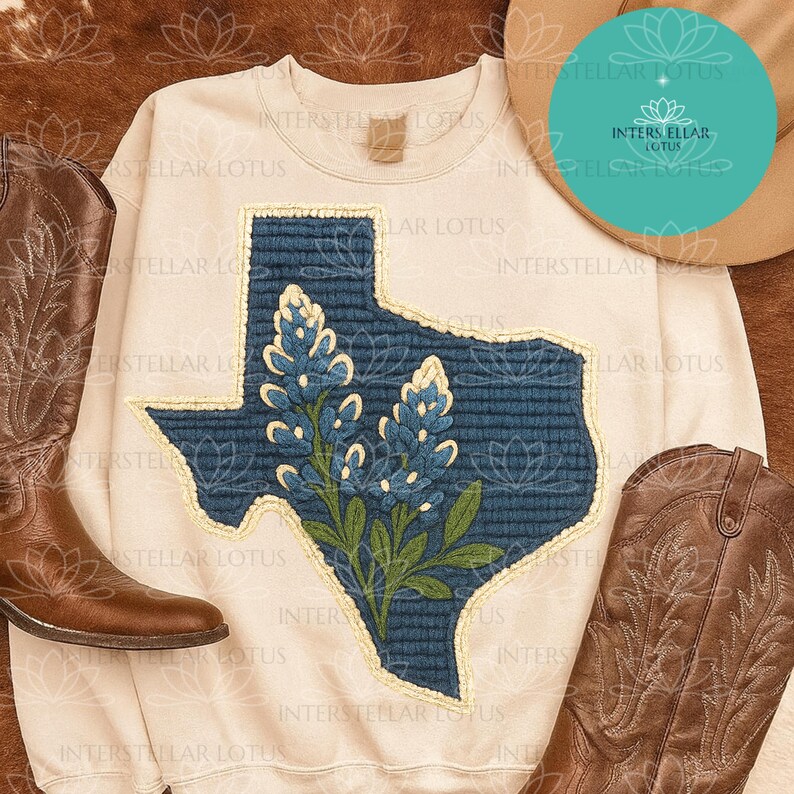 May include: Cream-colored sweatshirt featuring a blue Texas outline with bluebonnet flowers. The design is embroidered. The sweatshirt is displayed with brown cowboy boots and a hat. The text "INTERSTELLAR LOTUS" is visible.