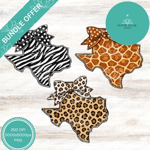 May include: Three Texas-shaped graphic designs featuring animal prints and bows. One has a black and white zebra pattern with a polka dot bow, one has a brown giraffe print with a solid bow, and one has a leopard print with a matching leopard bow.