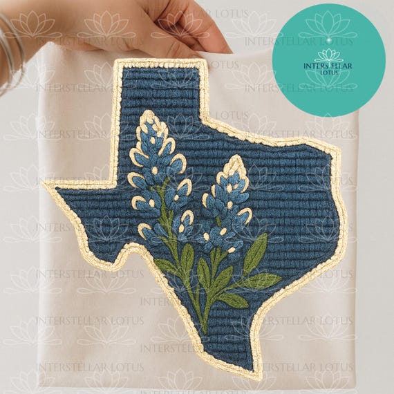 Texas Bluebonnet Faux Crochet PNG, Texas State Outline Embroidery Clip art, Western Floral Texas Design for Stickers, Shirts & Sublimation