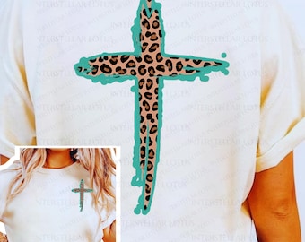 Turquoise Leopard Cross PNG, Western Christian Shirt Design, Brushstroke Faith Sublimation, Boutique Religious Apparel Clipart