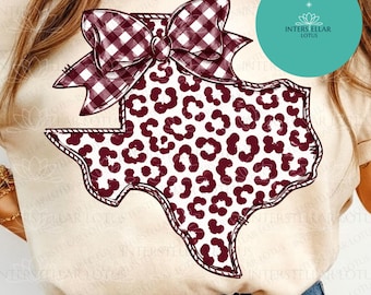 Texas Leopard Print Gingham Bow PNG  Maroon Western Boutique Digital Download Aggie Pride State Silhouette Clipart