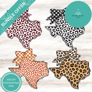 May include: A digital graphic set featuring four Texas state shapes with leopard print patterns. Each shape is adorned with a decorative bow in various patterns including buffalo plaid and leopard print in maroon, black, orange, and brown tones.