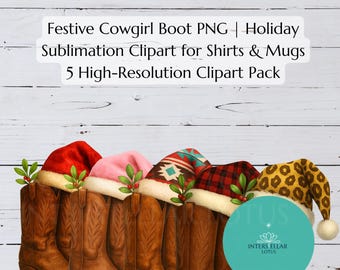Western Christmas Cowboy Boots PNG, Festive Sublimation Clip art, digital download, Western boots and santa hat bundle