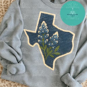 Texas Bluebonnet Faux Crochet PNG, Texas State Outline Embroidery Clip art, Western Floral Texas Design for Stickers, Shirts & Sublimation image 6