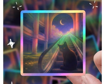 Holographic Dreamcore Cat Sticker | Liminal Space Escalator Decal (3x3" or 4x4")