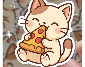 Pegatina de gato pizza: adorable gato kawaii comiendo pizza para amantes de los gatos gourmet.