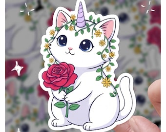 Rosenblumenkatze, süße Katze, lustige Katzenaufkleber, Katzenaufkleber, Katzenaufkleber, Geschenk für sie, Geschenk für ihn