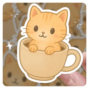 Cute Cat in Coffee Cup Sticker – Kawaii Tabby Kitty Vinyl Decal – Cozy Café Aesthetic for Journals, Laptops, Cat Lovers