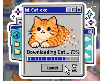 Pixel Art Cat.exe Sticker | Cute Orange Tabby Cat Downloading Vinyl Decal | Retro 90s Computer Windows Aesthetic Laptop Sticker