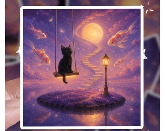 Surreal Purple Sky Cat Sticker | Celestial Floating Island Decal | Weird Core Aesthetic Moonlit Sticker, Void Cat Art, Whimsical Fantasy Cat