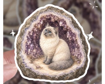 Amethyst Geode Cat Sticker | Crystal Cave Siamese Decal (3x3 Inch Vinyl)