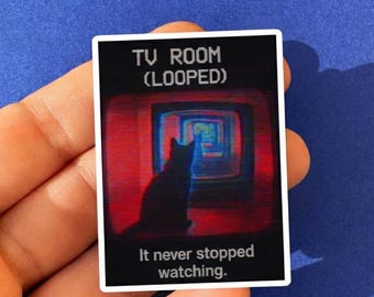 Pegatina de sala de TV (en bucle): Gato de terror VHS, estética weirdcore, arte retro surrealista y espeluznante