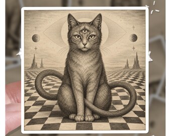 Three Eyed Cat Sticker Surreal Occult Vinyl Decal, Weird Art Gothic Laptop Sticker, Esoteric Mystic Cat Gift, Surrealist Sketch Decor