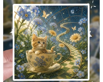 Teacup Kitten Sticker, Whimsical Orange Cat Decal, Fantasy Starry Night Conservatory Vinyl Sticker, Cottagecore Cat Lover Gift, Cottage Core
