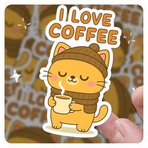 Cozy Coffee Cat Sticker – Kawaii Cat with Beanie & Mug – Cute Fall Vinyl Decal for Journals, Laptops, Coffee Lovers