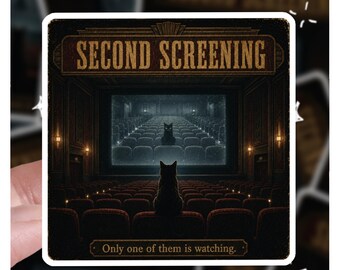 Vintage Cinema Black Cat Sticker | Haunted Movie Theater Decal | Weirdcore Analog Horror Mirror Sticker, Creepy Cat Art, Retro Film Meme