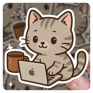 Laptop Coffee Cat, 3&quot; Vinyl Sticker, Cute Cat Sticker