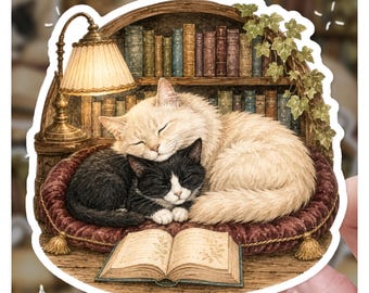 Cozy Library Bookshelf Cats Sticker | Fluffy Cream Tuxedo Kitten Decal | Vintage Dark Academia Book Art | Cottagecore Laptop Vinyl Gift