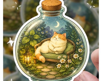 Cozy Cat in Terrarium Sticker | Whimsical Fairycore Garden Art (3x3 Inch Vinyl)