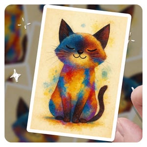 Watercolor Cat Sticker – Colorful Rainbow Cat Art – Whimsical Vinyl Decal for Journals, Laptops, Cat Lovers Gift