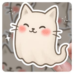 Pegatina de gato fantasma: adorable calcomanía de vinilo de gatito espeluznante kawaii para Halloween y amantes de los gatos.