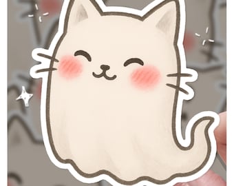 Geisterkatze Sticker - Niedlicher Kawaii Spooky Kitty Vinyl Aufkleber für Halloween & Katzenliebhaber