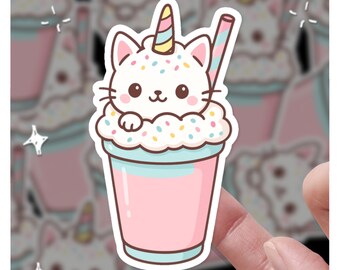 Einhorn Milchshake Katze, süßer Katzenaufkleber, Katzenaufkleber, Geschenk für sie, Geschenk für ihn
